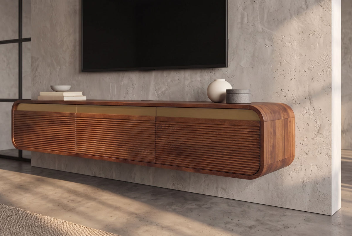 TV-Board MONZA 160cm w/ cable management hanging fluted front brown mango wood gold details