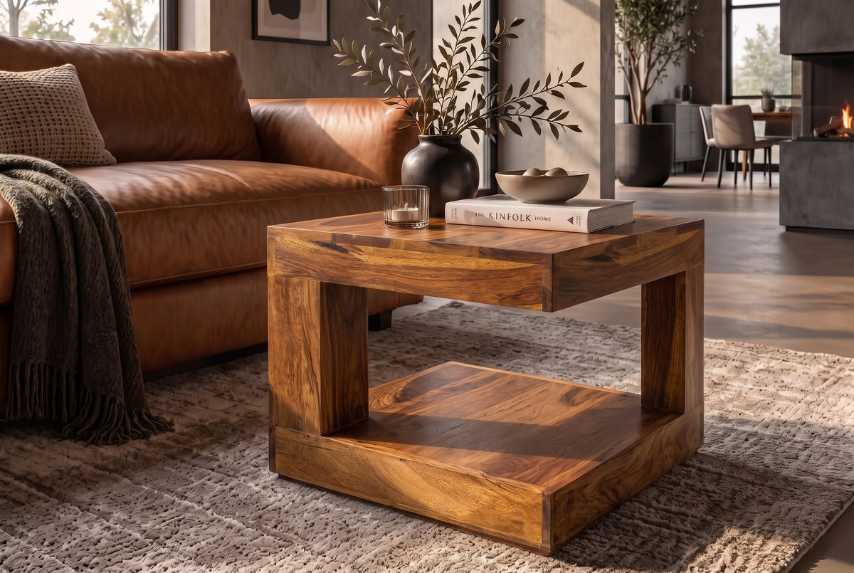 Coffee table GIANT S 45x45cm w/ open storage shelf sheesham wood natural stone finish