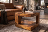Coffee table GIANT S 45x45cm w/ open storage shelf sheesham wood natural stone finish