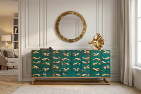Sideboard GOLDEN LAGOON 180cm 3D Mangoholz Türkis Metall Gold