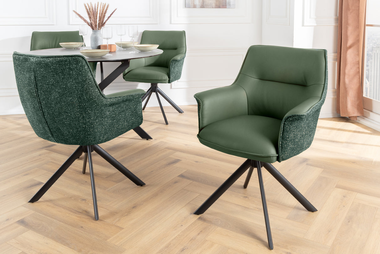 Swivel chair LE GRAND rotatable 180° w/ armrests textured cloth and leather green
