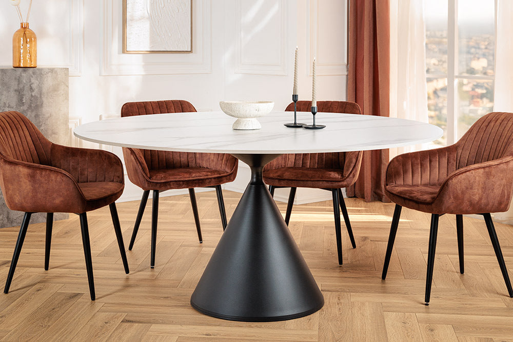 Esstisch SIGNATURE 135 cm, rund, schwarzer Metallrahmen, Keramikplatte aus weißem Marmor
