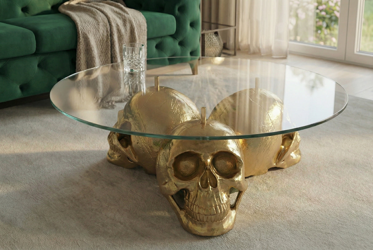 Coffee table SKULL 90cm movable skulls gold 8mm tempered glass