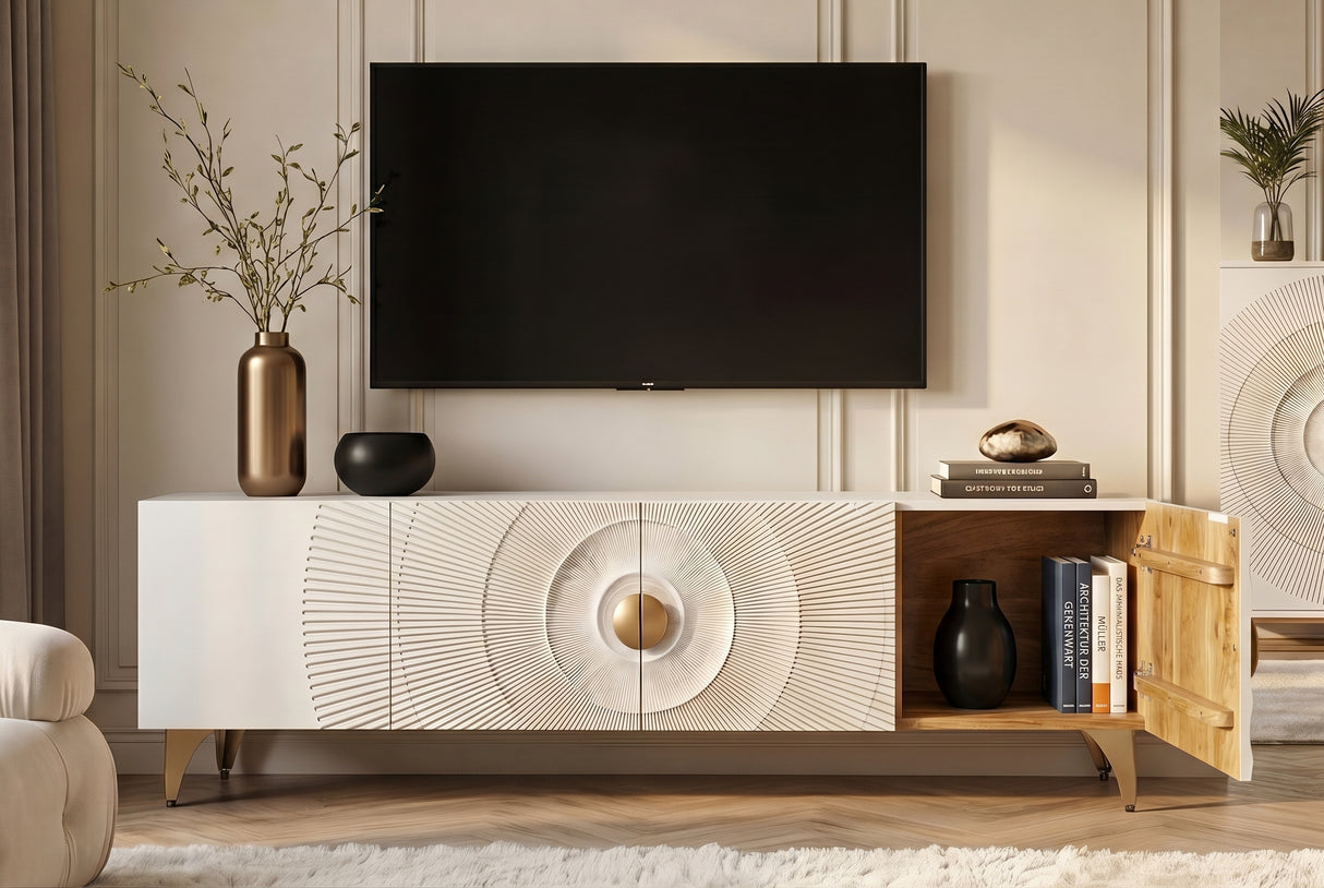 TV-Wand GOLDEN SUNSET 180 cm 3D Mangoholz weiß