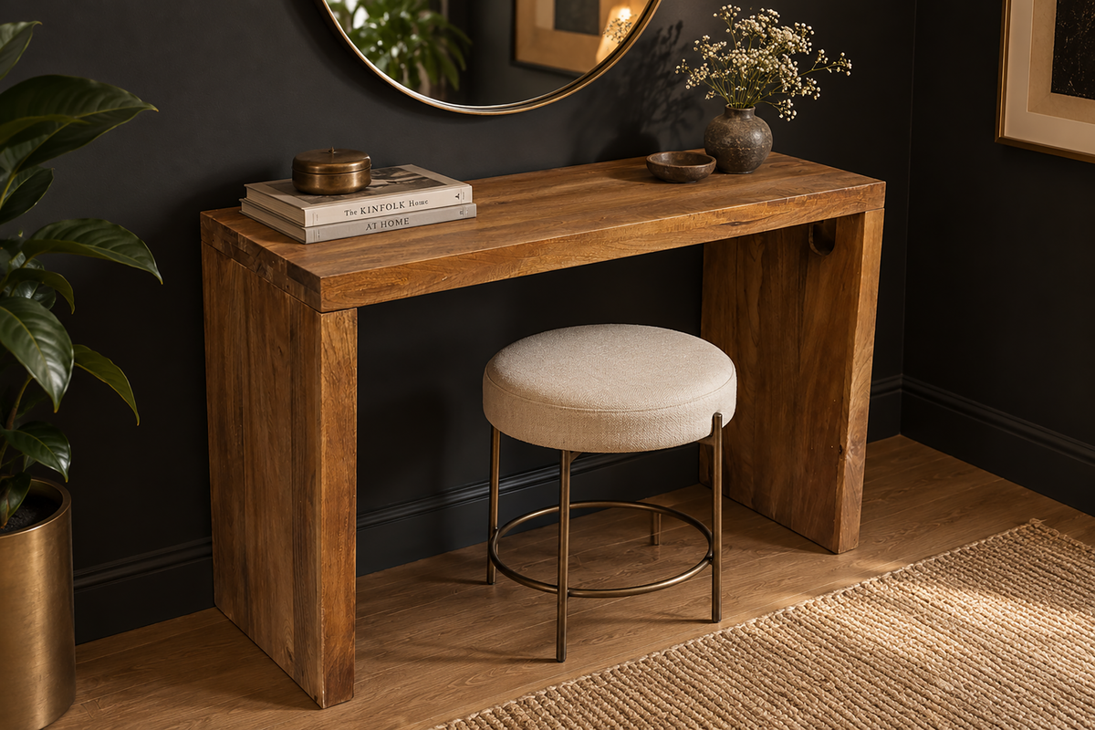 Bürotisch Konsole MAKASSAR 100cm Mangoholz braun honigfarbenes Finish