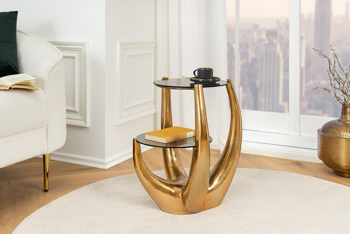 Side table LEVELS 50cm frame gold tempered glass top black