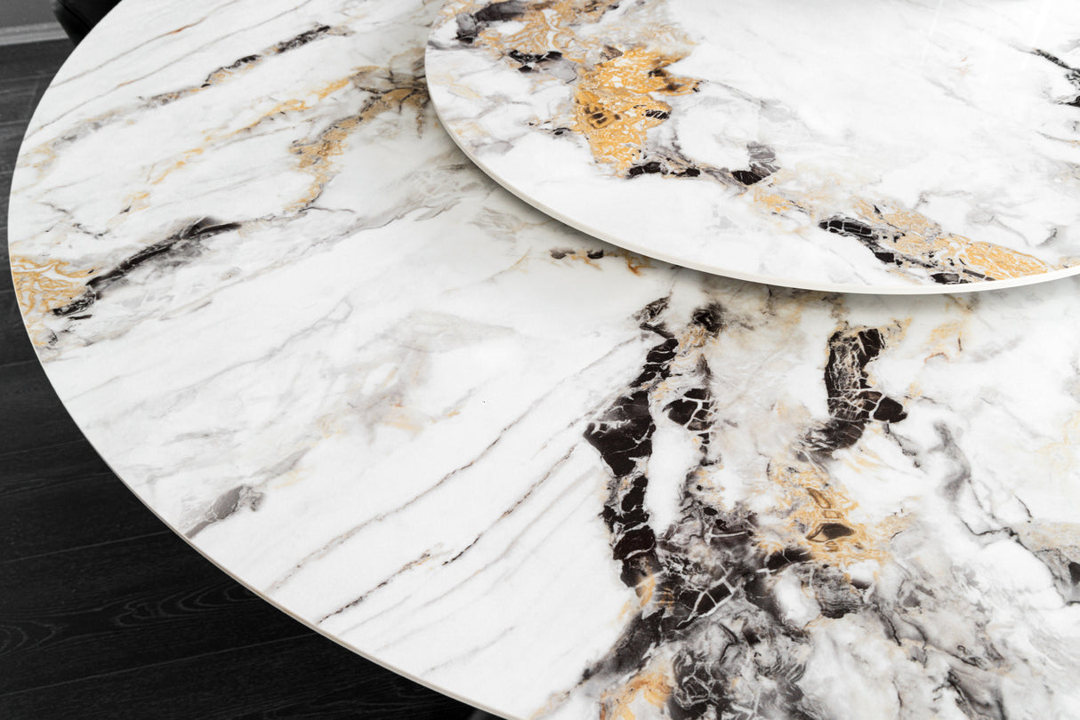 Dining table SPIN Ø 150cm rotatable with removable platter ceramic marble look white multicoloured