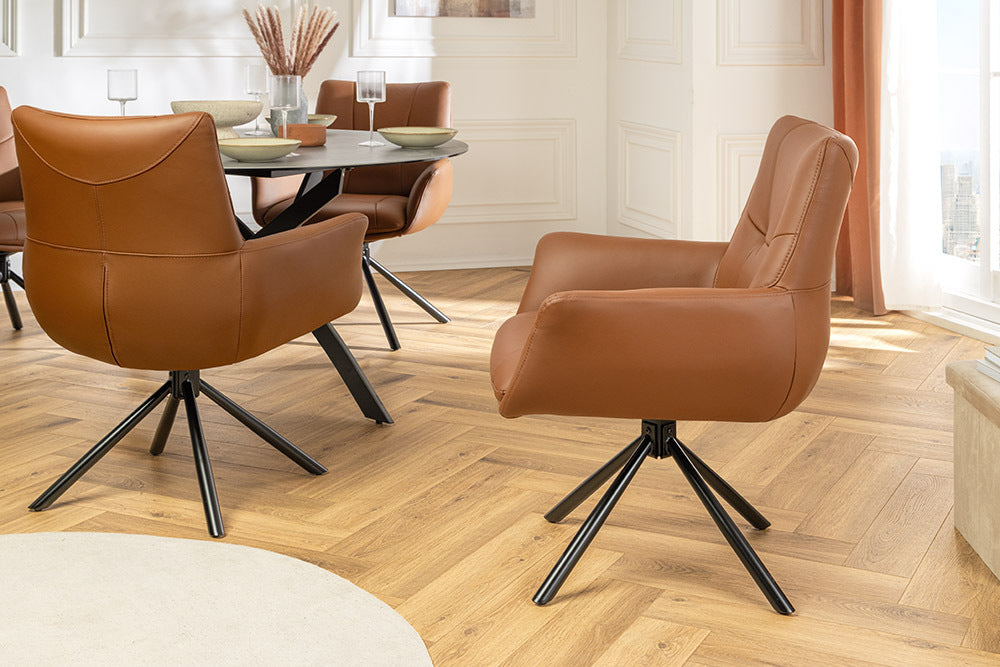 Swivel chair SIGNATURE 360° w/ armrests spring core leather cognac rotatable