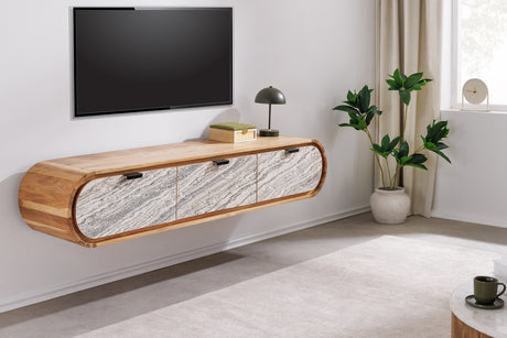 TV-Board ORGANIC 160cm hanging acacia wood natural w/ stone look front