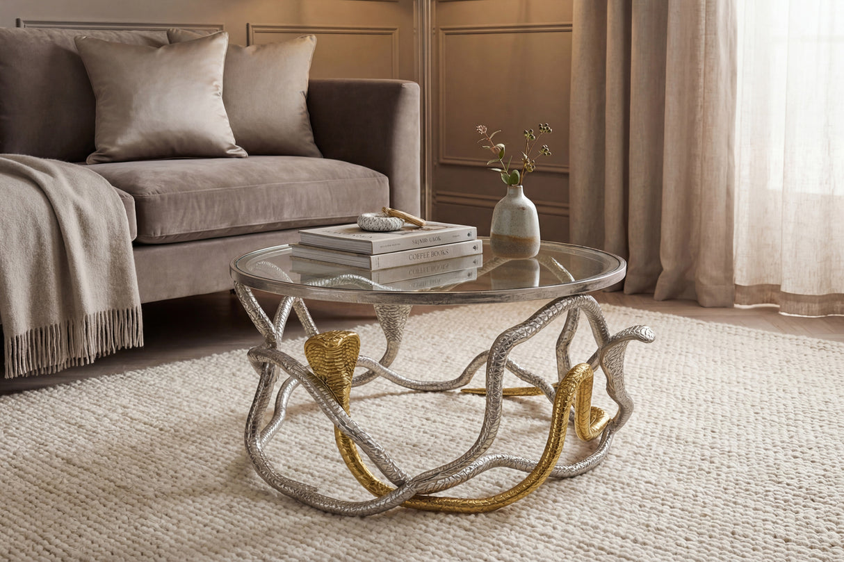 Coffee table COBRA 70 cm silver gold with glass plate