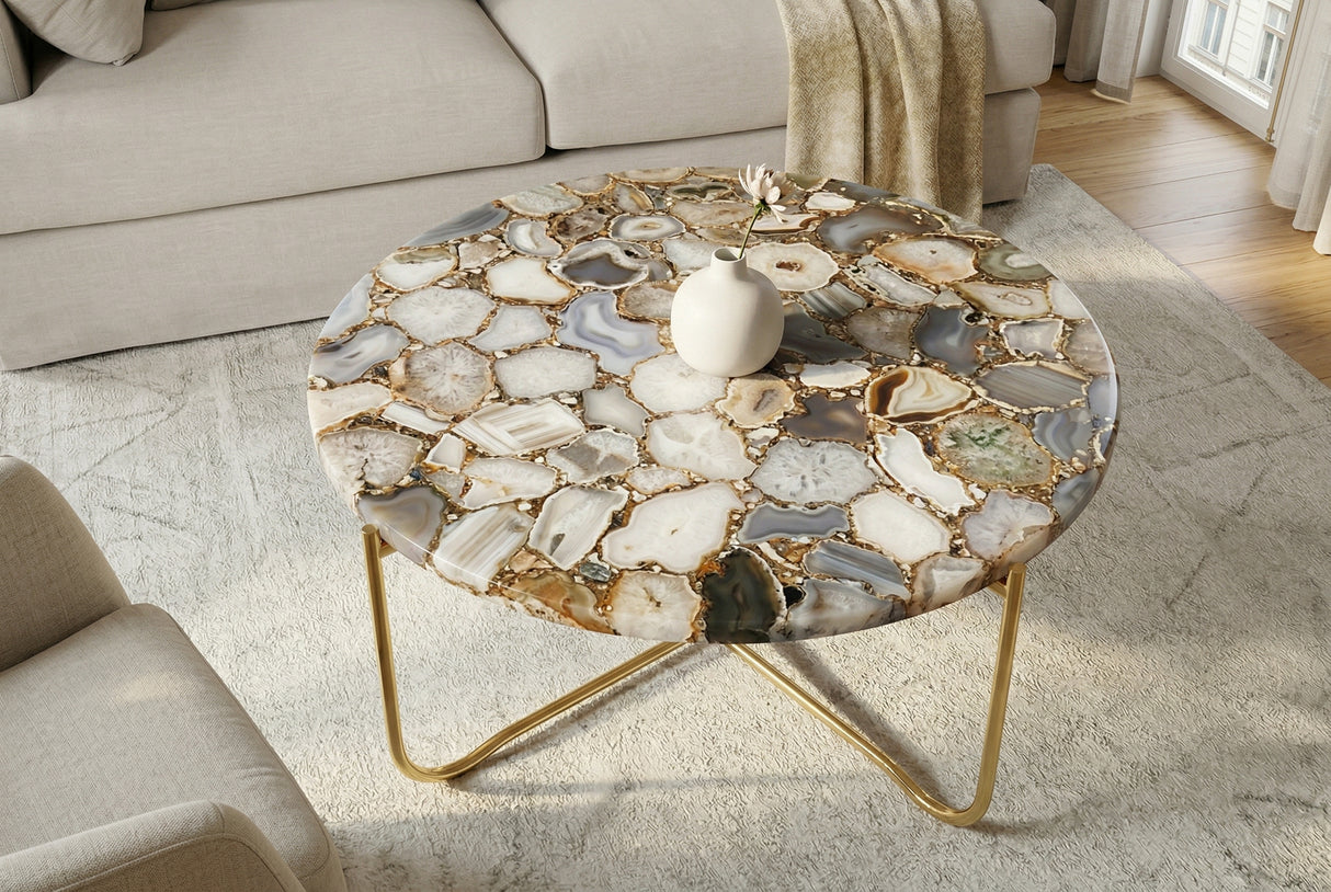 Coffee table NOBLE 65cm agate blue w/ removable plate white