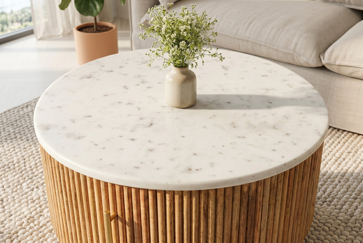 Couchtisch TRES CHIC Ø 60cm rund Mangoholz natur mit weißer Marmorplatte