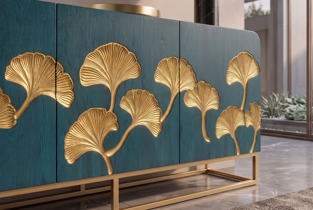 Sideboard GINKGO 160cm ginkgo leaf front mango wood turquoise w/ gold metal frame