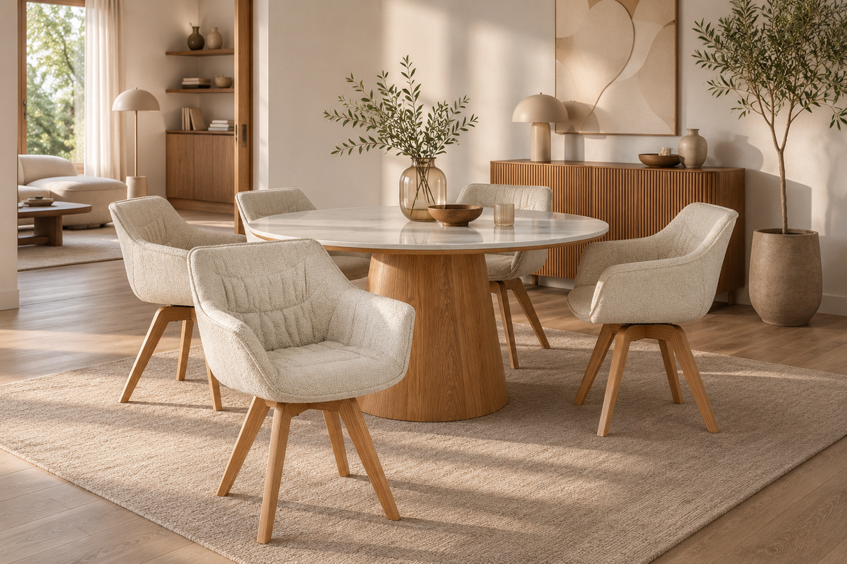 Sessel THE DUTCH COMFORT 180° Auto-Rückholfunktion m. Armlehnen Bouclé-Tweed weich beige natur