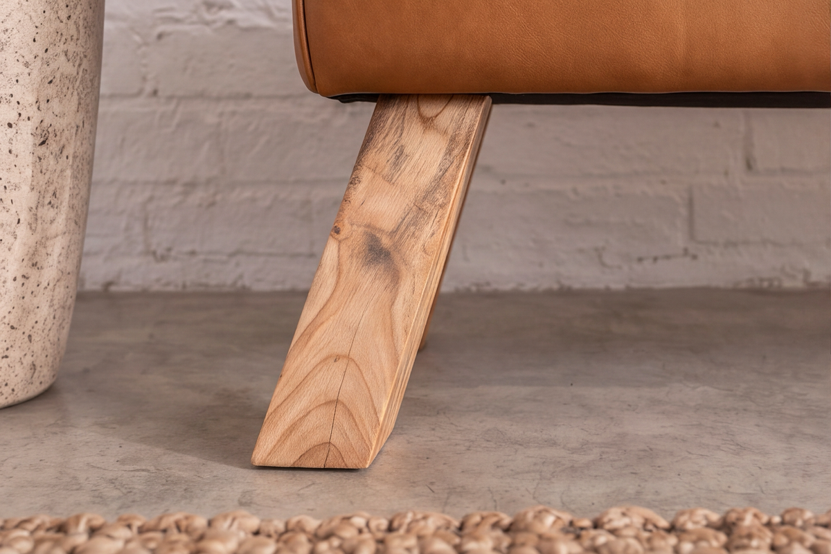 Bench TURNBOCK 120cm mango wood genuine leather cognac brown