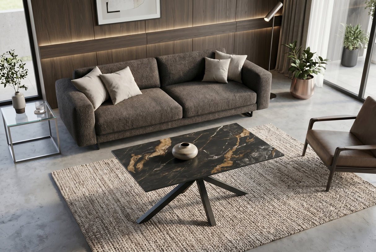 Coffee table GALAXIE 100cm w/ star frame ceramic black gold sand