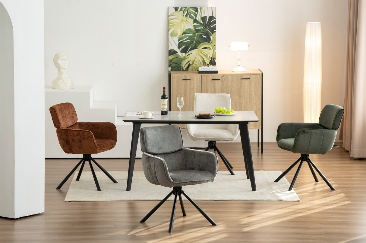 Drehstuhl UNIQUE 180° mit Armlehnen Chenillestoff champagnerbeige und schwarzen Beinen