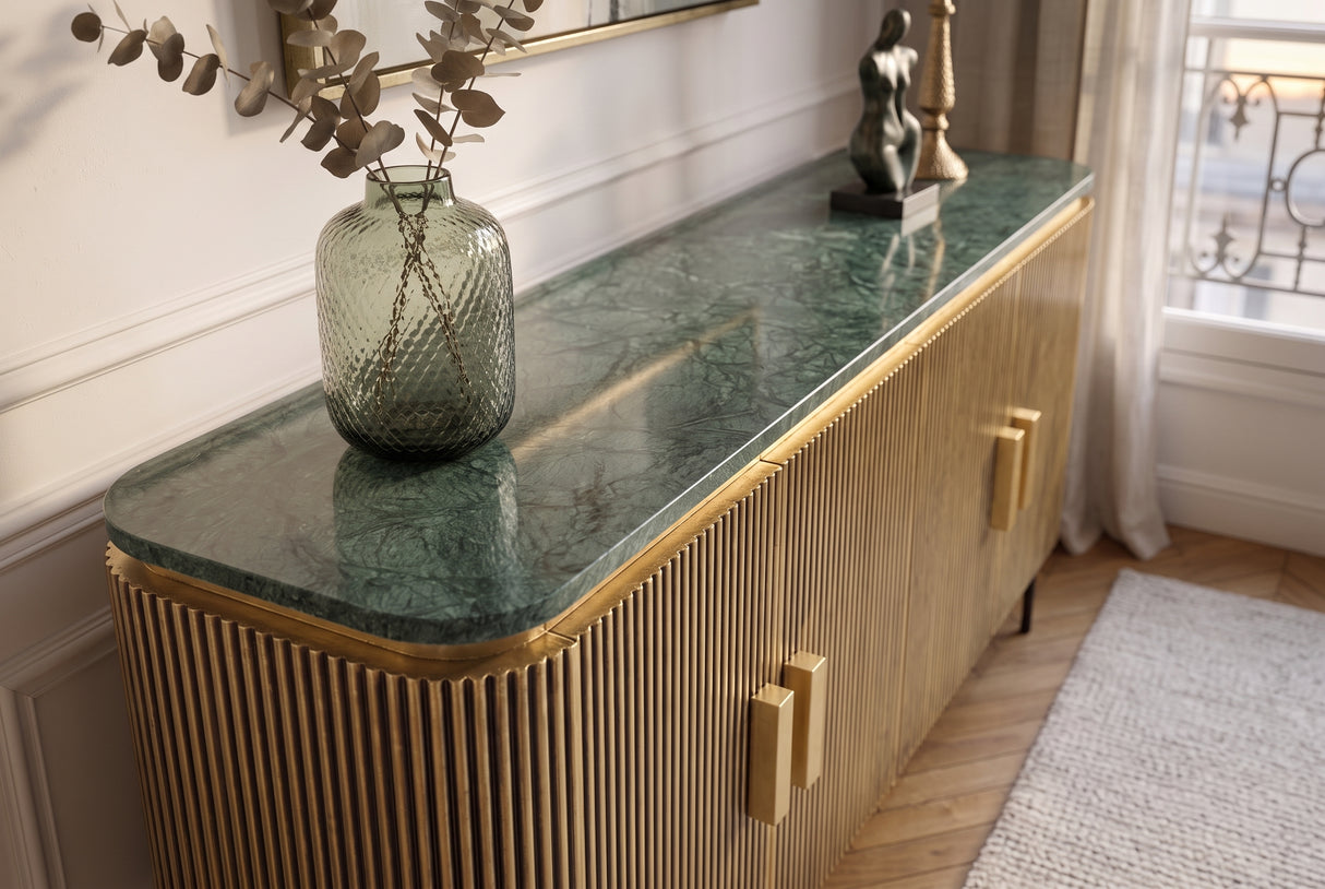 Sideboard VENEZIANO 160cm Mangoholz und Marmorplatte grün Messing