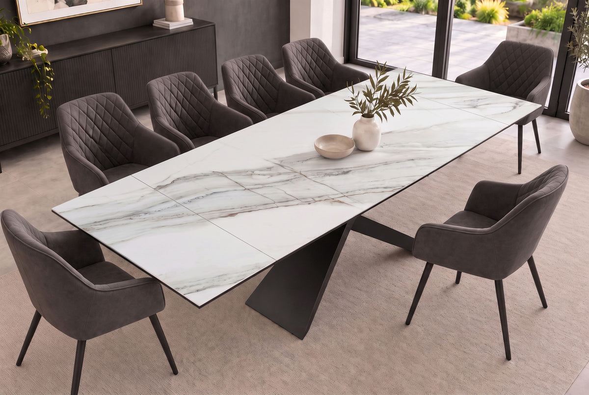 Esstisch EUPHORIA 180-220-260cm ausziehbar, Carrara Oro Keramik in Marmoroptik mit schwarzem Sternenfuß