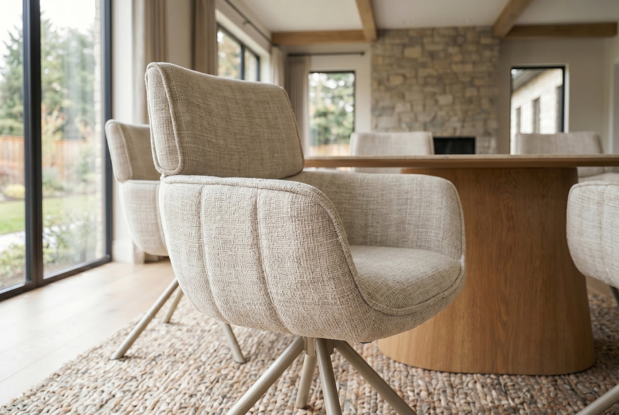 Swivel chair UNIQUE 180° auto-return w/ armrests chenille fabric beige champagne