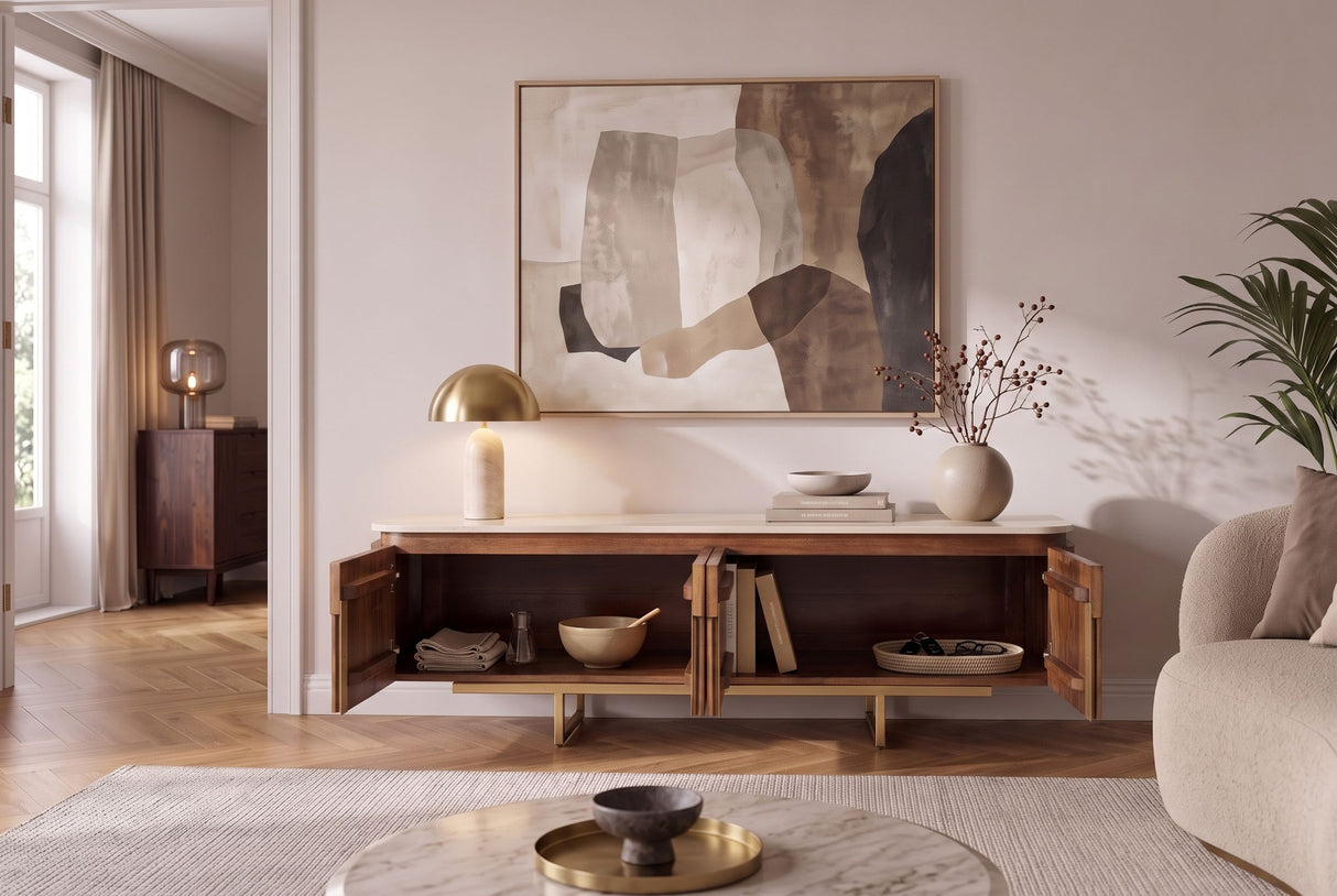 TV-Board GATSBY 160cm retro style mango wood travertine top brown gold