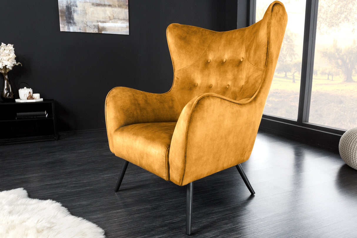 Wing chair AMSTERDAM velvet mustard yellow black metal legs