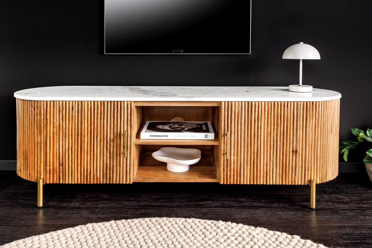 TV-Board TRES CHIC 140cm mango wood natural w/ white marble top and golden handles