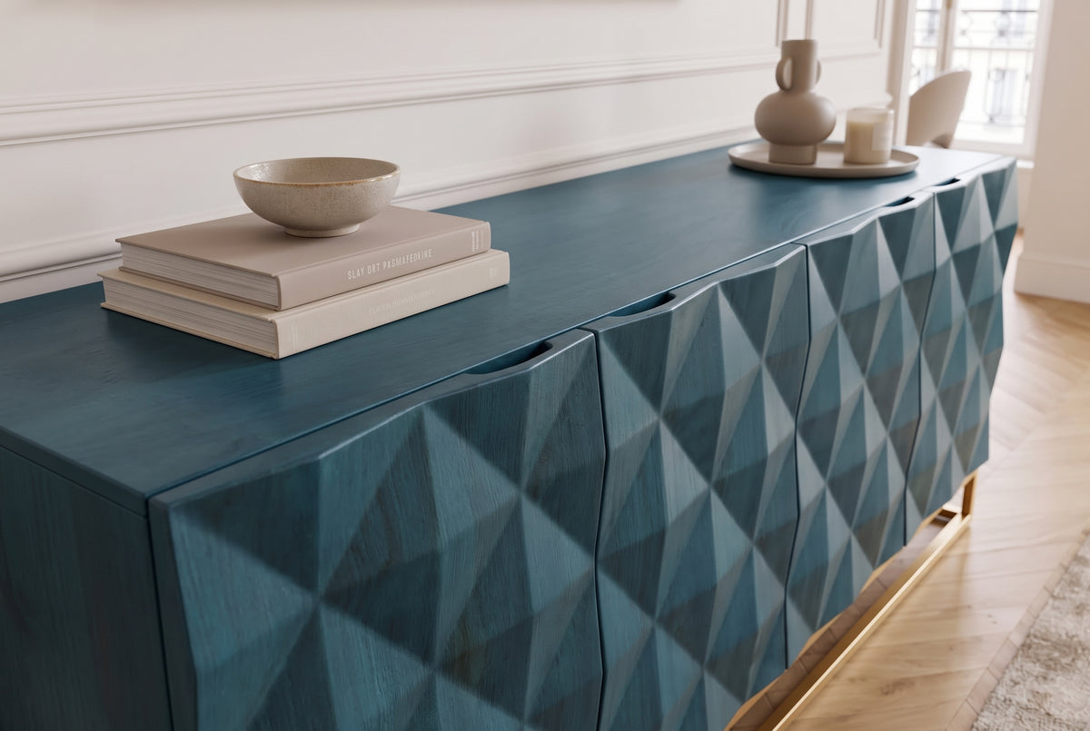 Sideboard VULCANO 180cm 3D front mango wood turquoise w/ gold metal frame