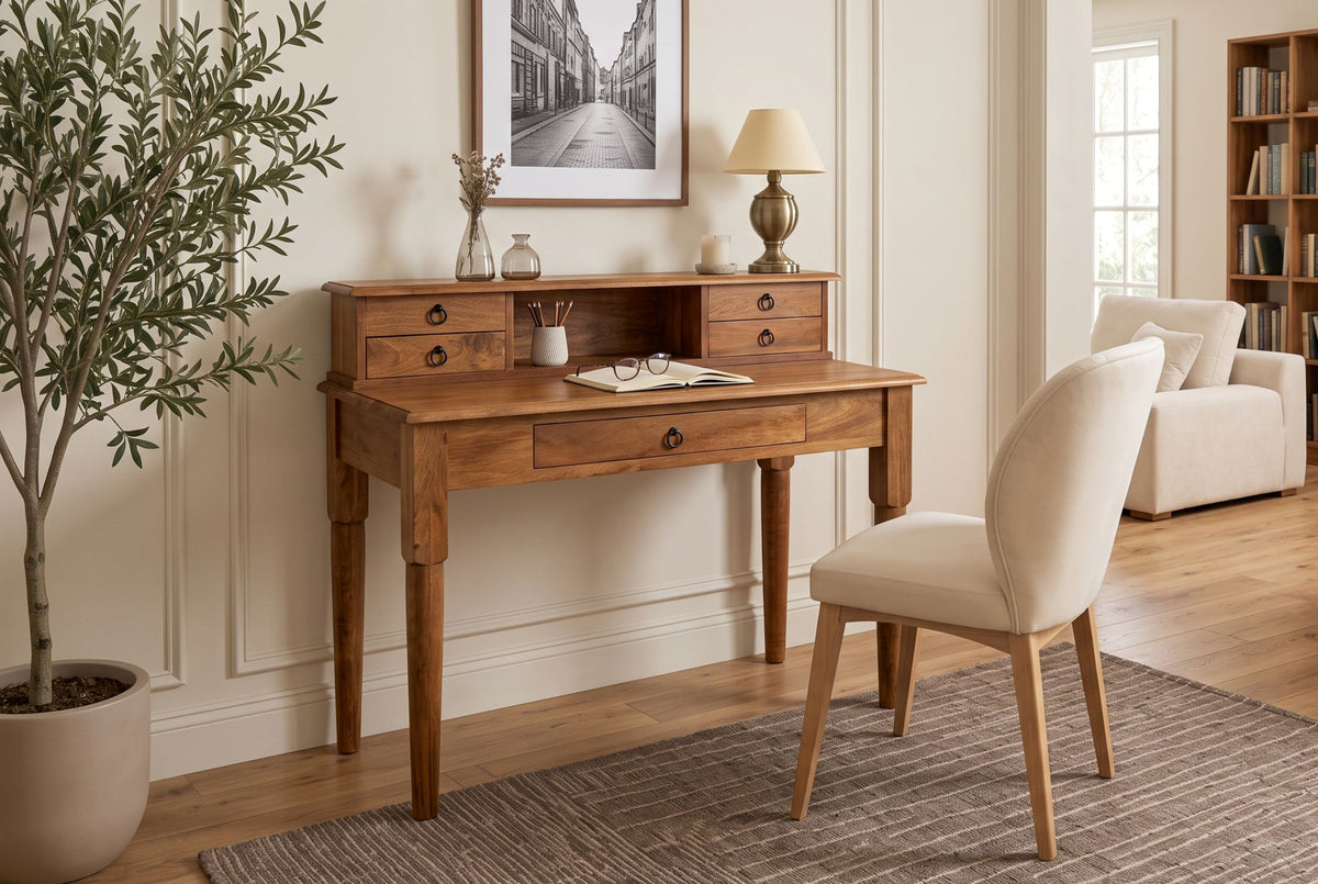 Davenport Schreibtisch HEMINGWAY 90cm mit Schubladen und offenem Ablagefach Mangoholz braun honigfarbenes Finish