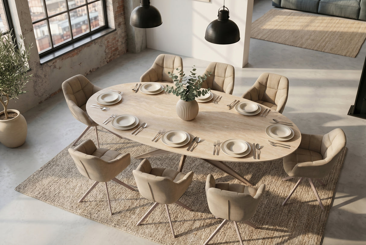 Dining table TRAVERTIN 220cm oval ceramic champagne greige