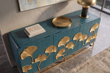 Sideboard GINKGO 160cm 3D ginkgo leaf front mango wood turquoise w/ gold metal frame