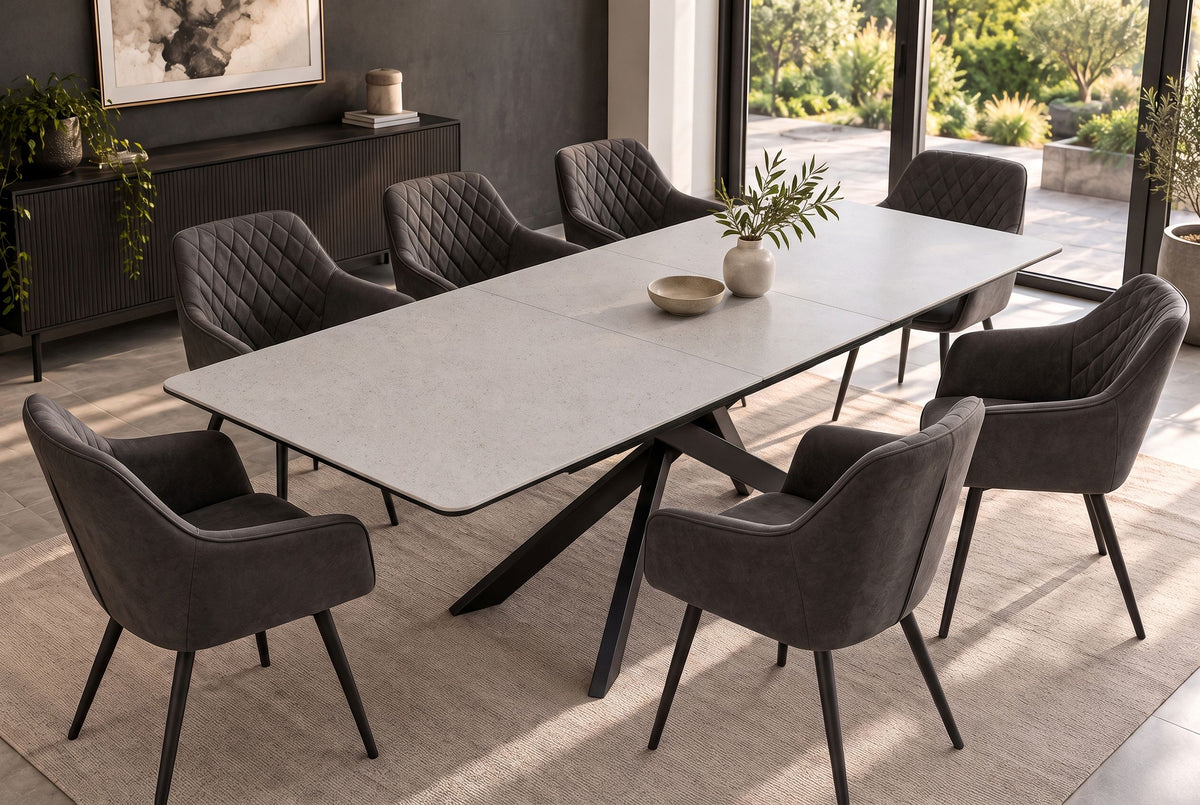 Esstisch ALPINE 160-200cm ausziehbar Keramik Beton taupe mit schwarzem Sternfuß