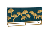 Sideboard GINKGO 160cm 3D ginkgo leaf front mango wood turquoise w/ gold metal frame