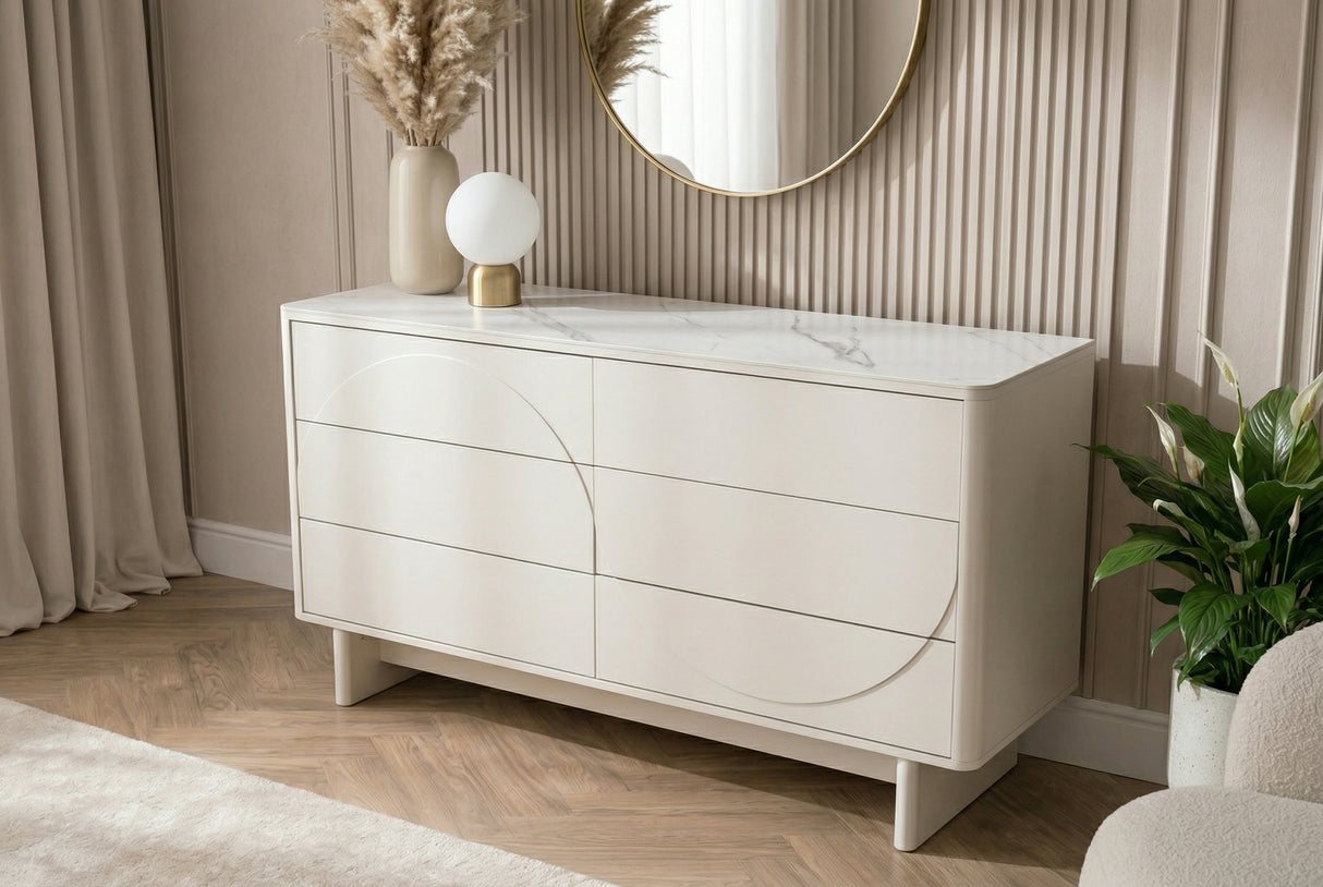 Sideboard SAVOY 150 cm 3D weiß mit weißer Marmorkeramikplatte