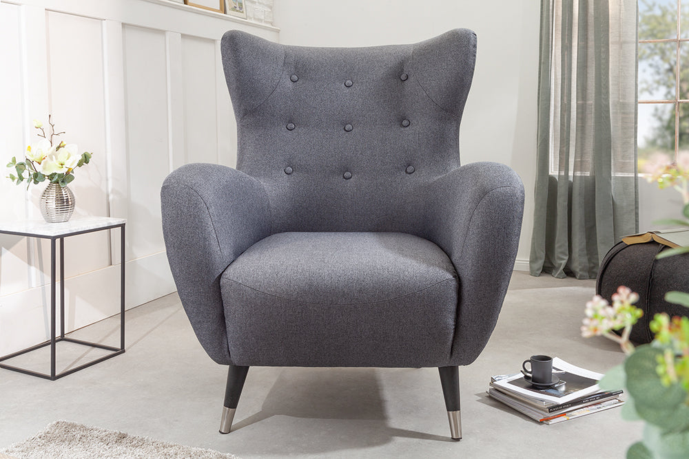 Wing chair DON anthracite w/ silver caps flat woven fabric