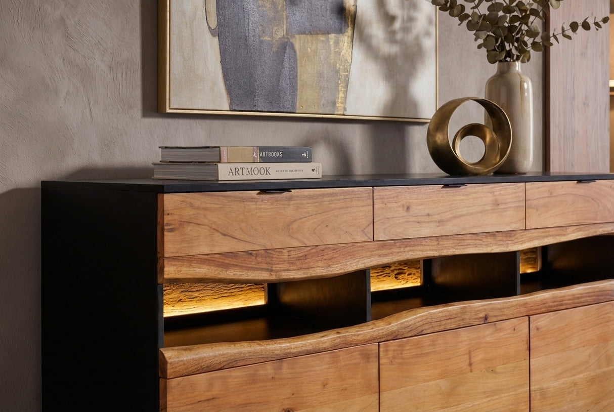 Sideboard GRAND AKAZIE 180cm Akazienholz Naturkante mit fernbedienbarer LED-Beleuchtung