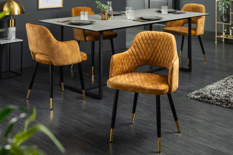 Chair PARIS w/ armrests velvet with decorative quilting mustard yellow