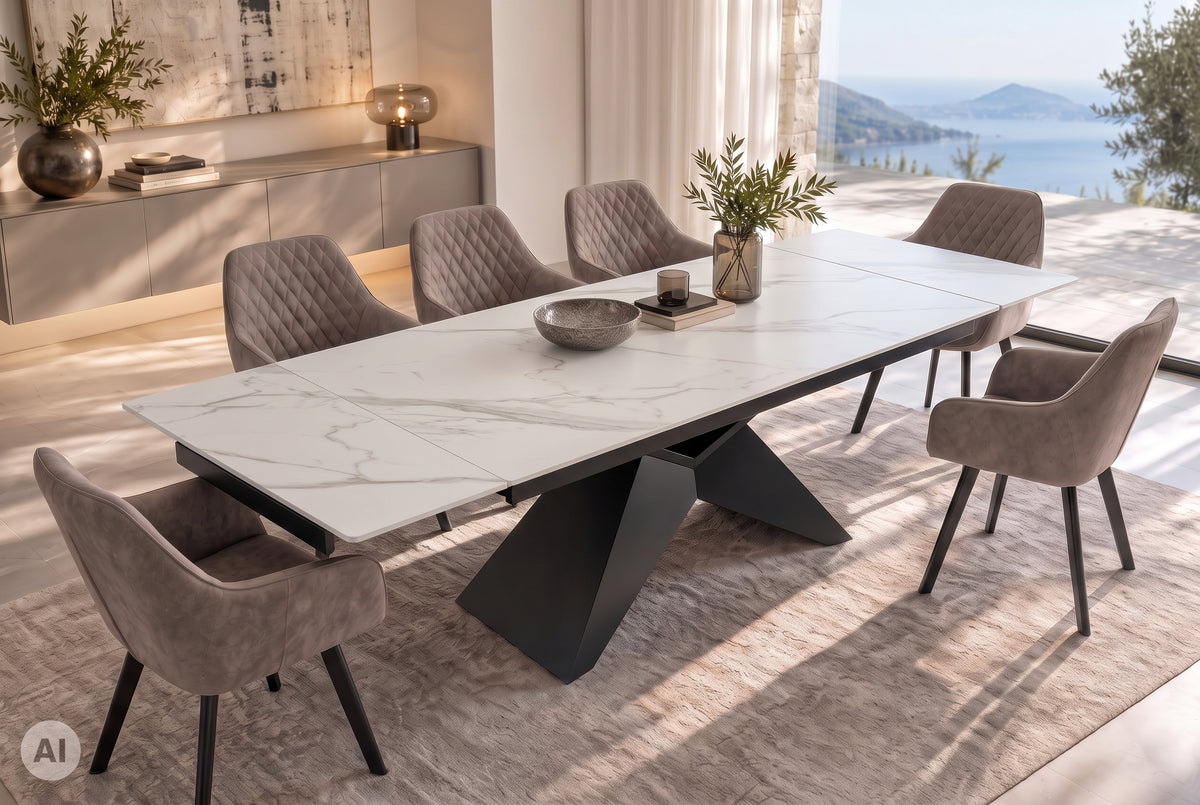 Dining table DIAMOND 180-260cm extendable ceramic matt white marble look w/ geometric black base