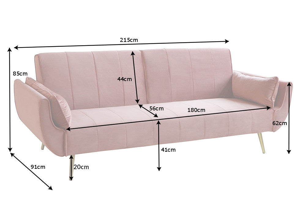 Sofa bed DIVANI 215cm with armrests velvet dusky pink