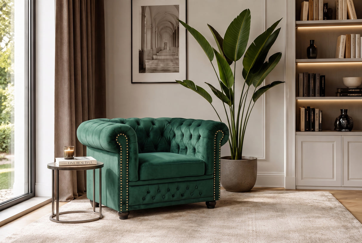 Armchair CHESTERFIELD antique look velvet emerald green