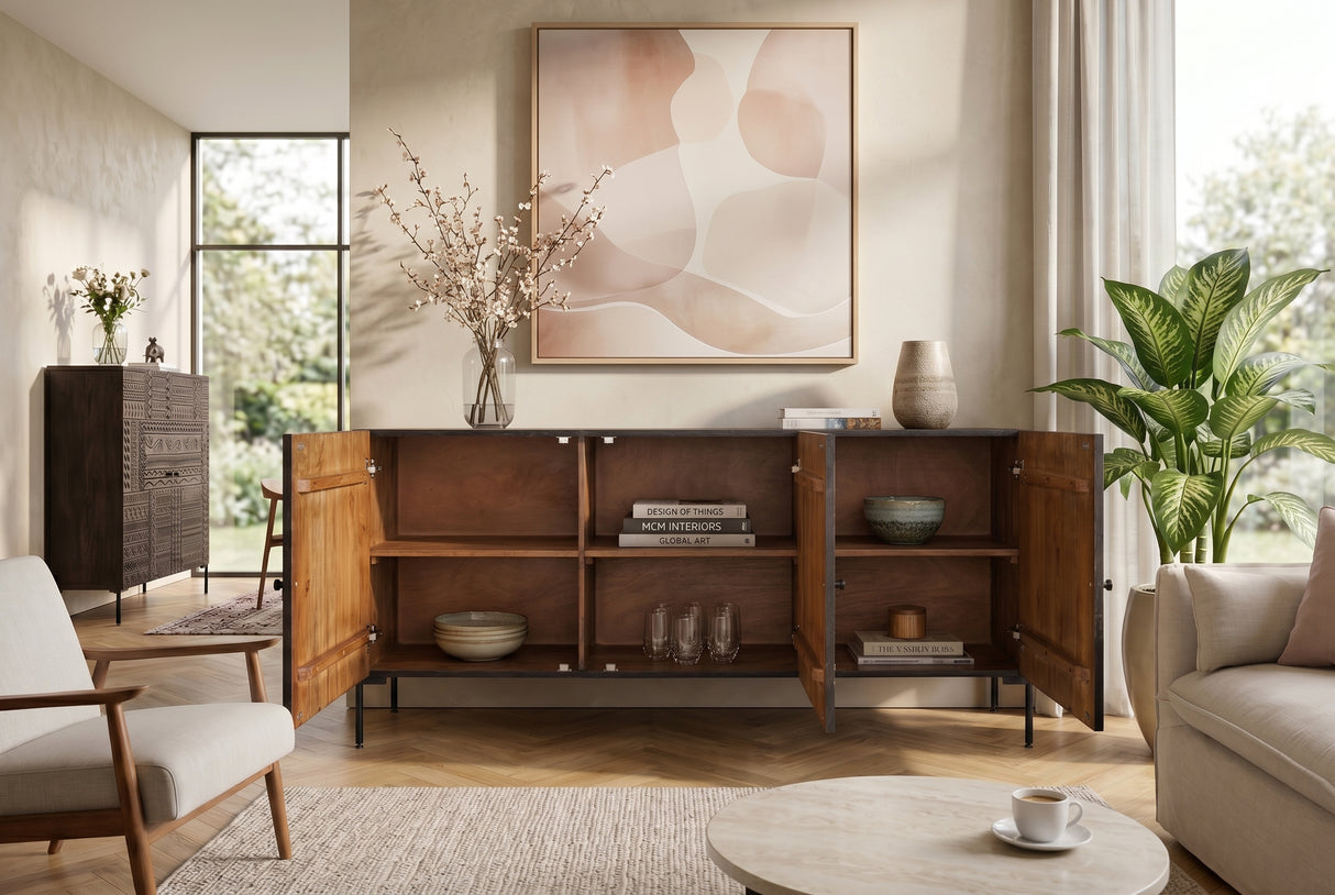 Sideboard TRIBAL 180cm 3D Antik-Look Mangoholz dunkelbraun