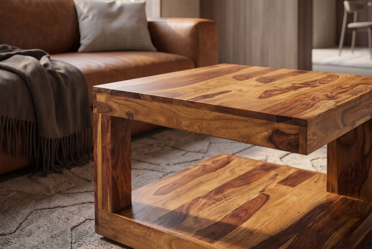 Coffee table GIANT M 60x60cm sheesham wood natural stone finish