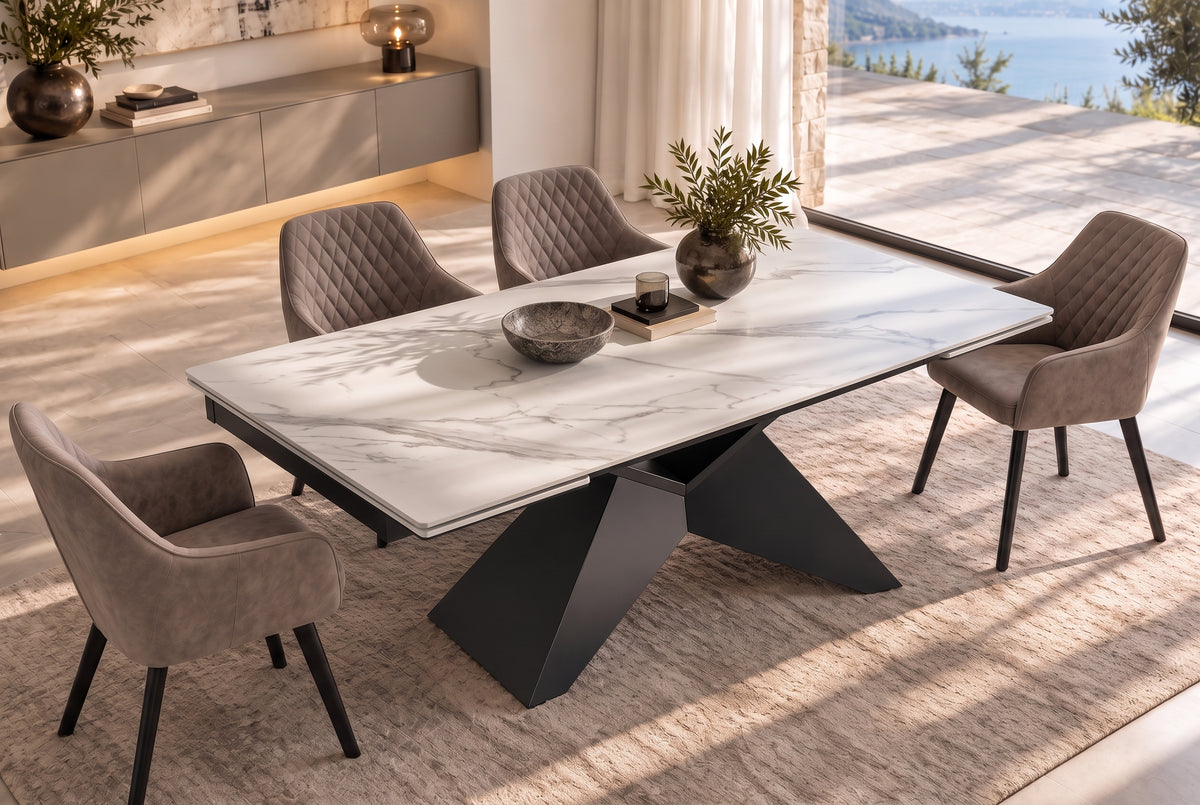 Dining table DIAMOND 180-260cm extendable ceramic matt white marble look w/ geometric black base