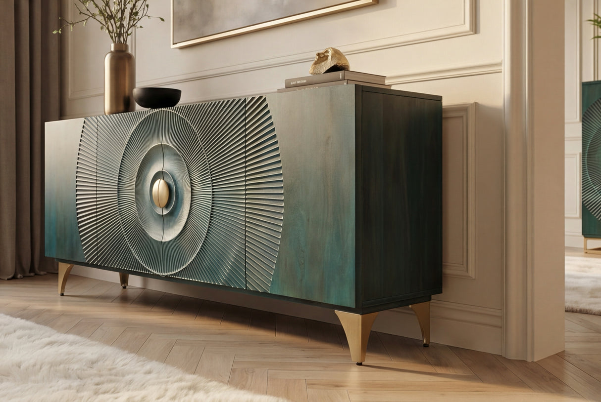 Sideboard GOLDEN SUNSET 180cm 3D mango wood turquoise
