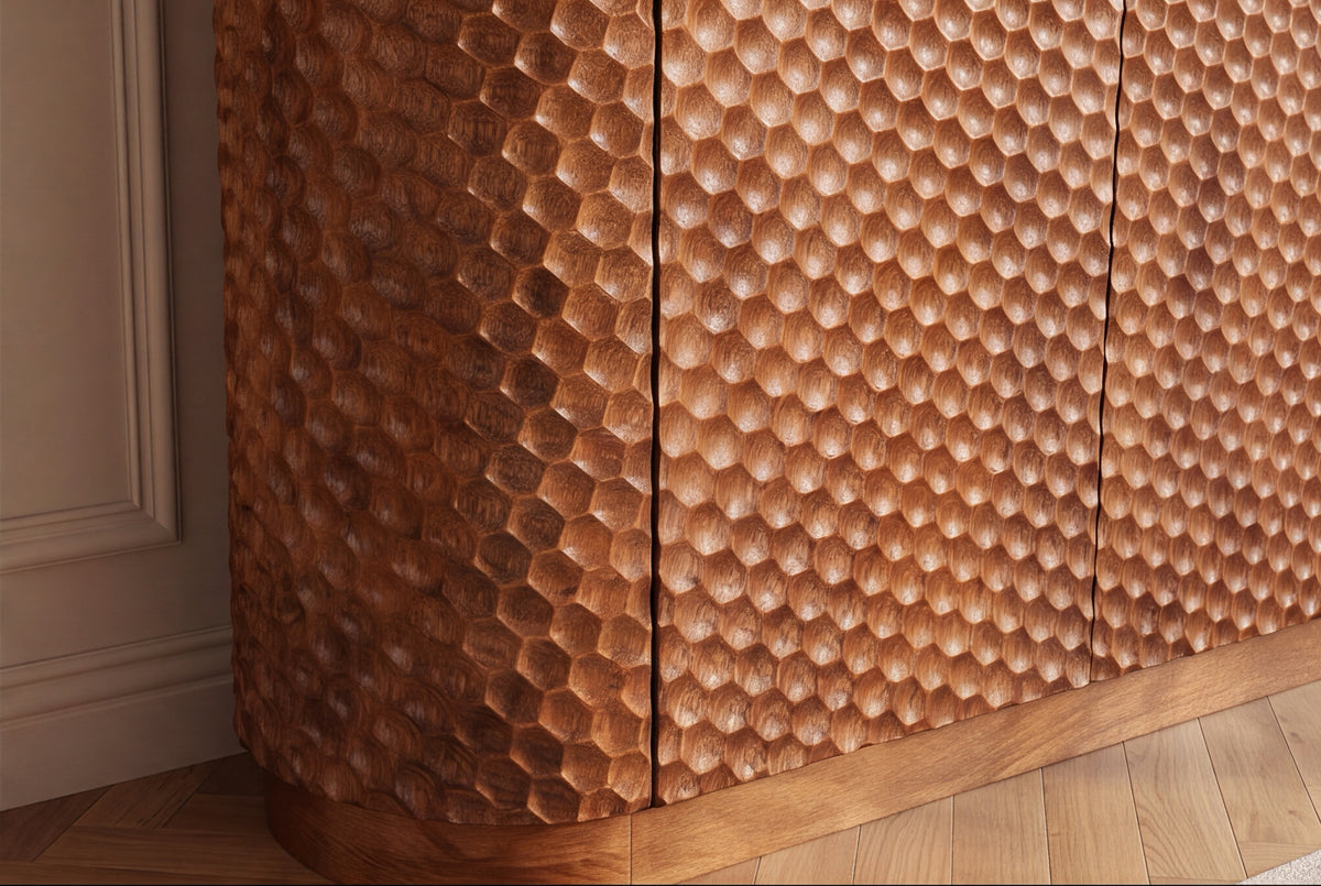 Bar cabinet ADLON 140cm 3D textured front rounded edges mango wood natural w/ wine rack