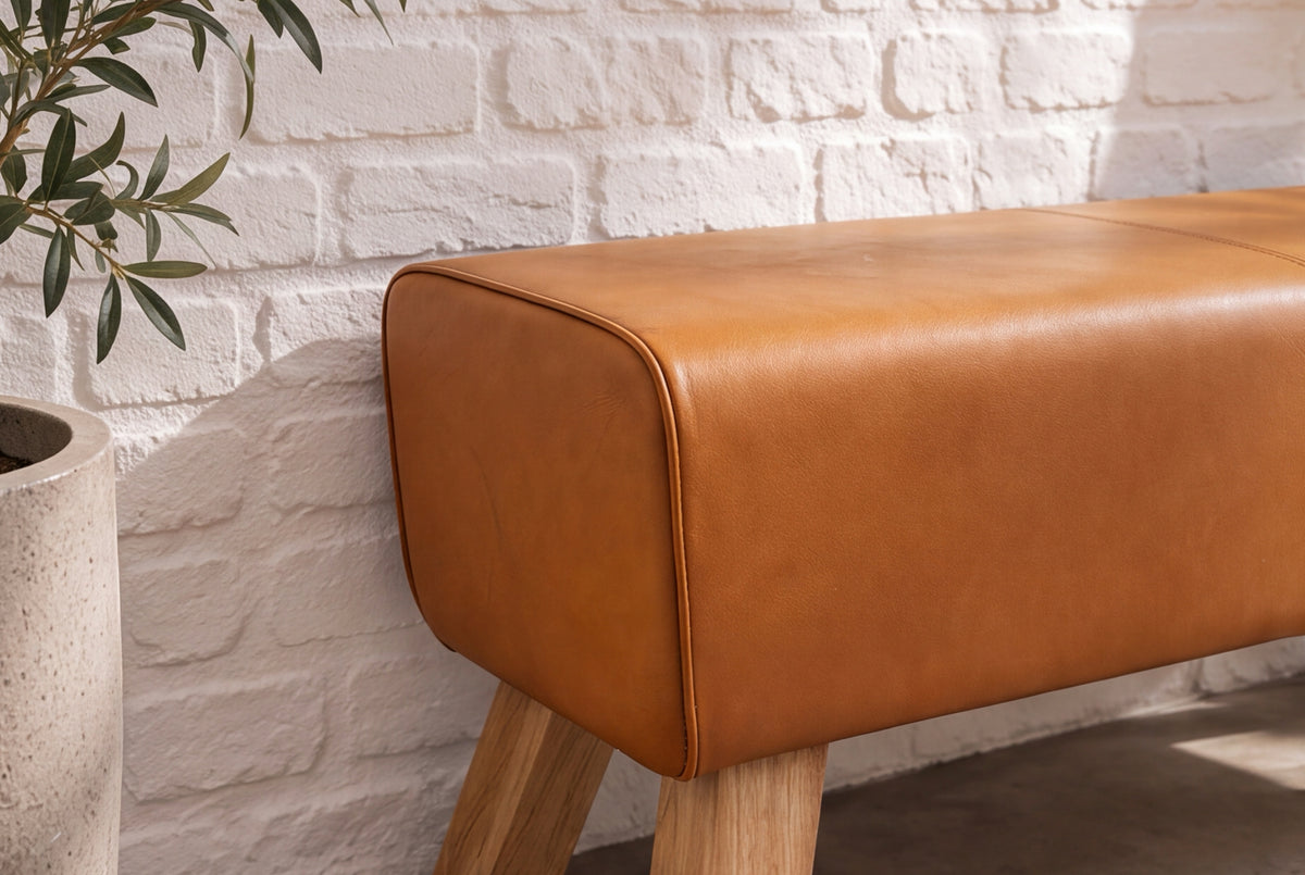 Bench TURNBOCK 100cm upholstered seat mango wood natural genuine leather cognac brown