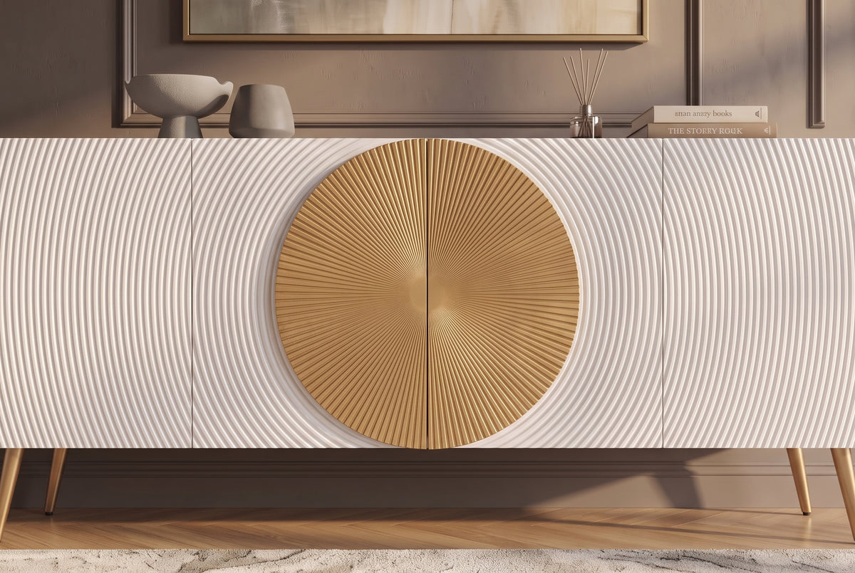 Sideboard AURUM 180cm textured front gold circle accent mango wood white gold metal feet
