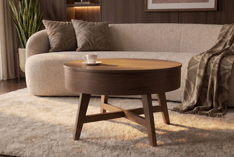 Coffee table KYOTO 70cm round w/ storage space walnut wood verneered