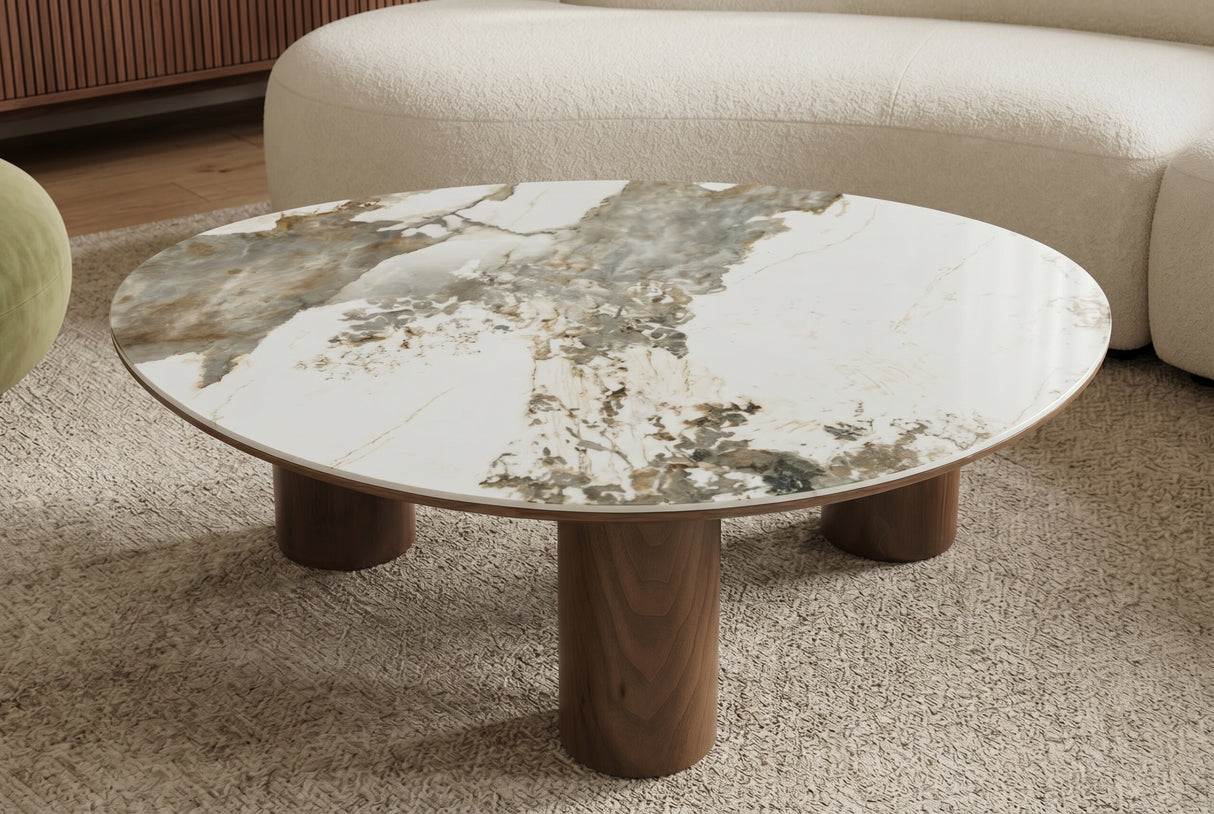 Couchtisch ORGANIKO 110cm weiß-braune Keramikoptik m. Nussbaum-Holzoptik-Gestell