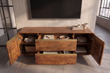 TV-Board MONZA 160cm w/ cable management fluted front rounded edges brown mango wood gold details